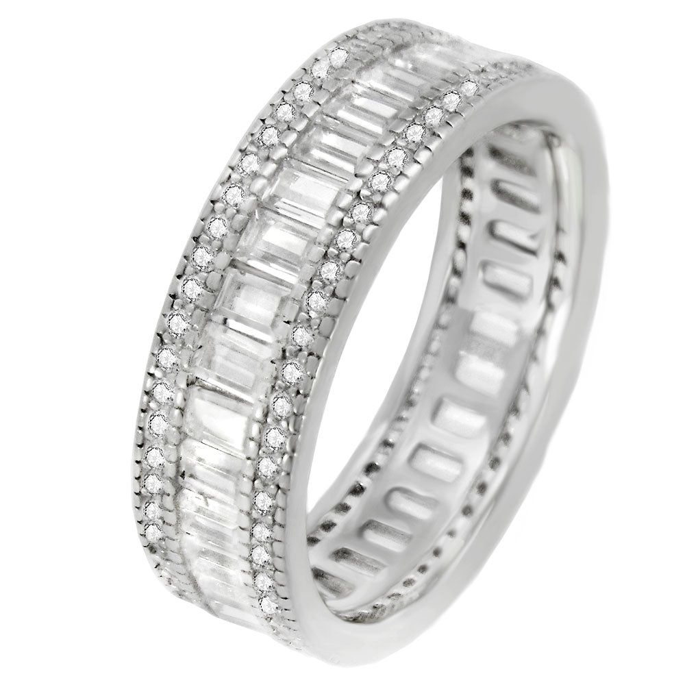 Baguette Cut and Round CZ Eternity Band Ring Sz 8