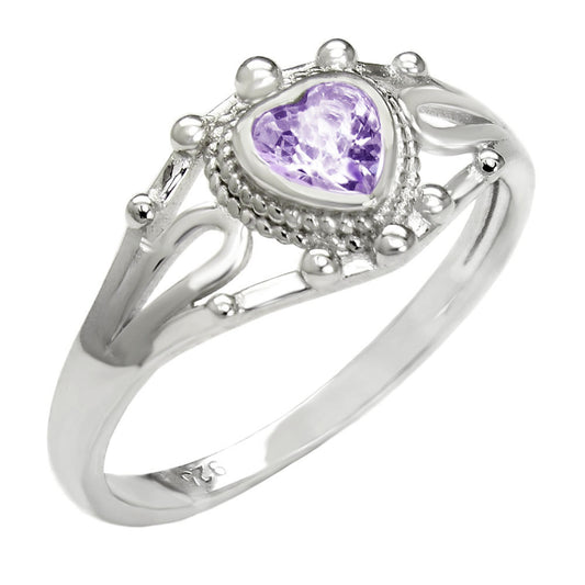 Amethyst CZ Heart Sterling Silver Rhodium Ring