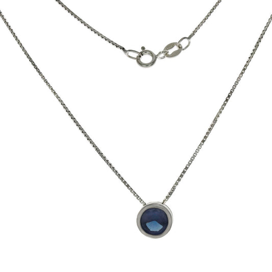Rhodium Box Chain with 8mm Bezel Set Sapphire CZ Necklace