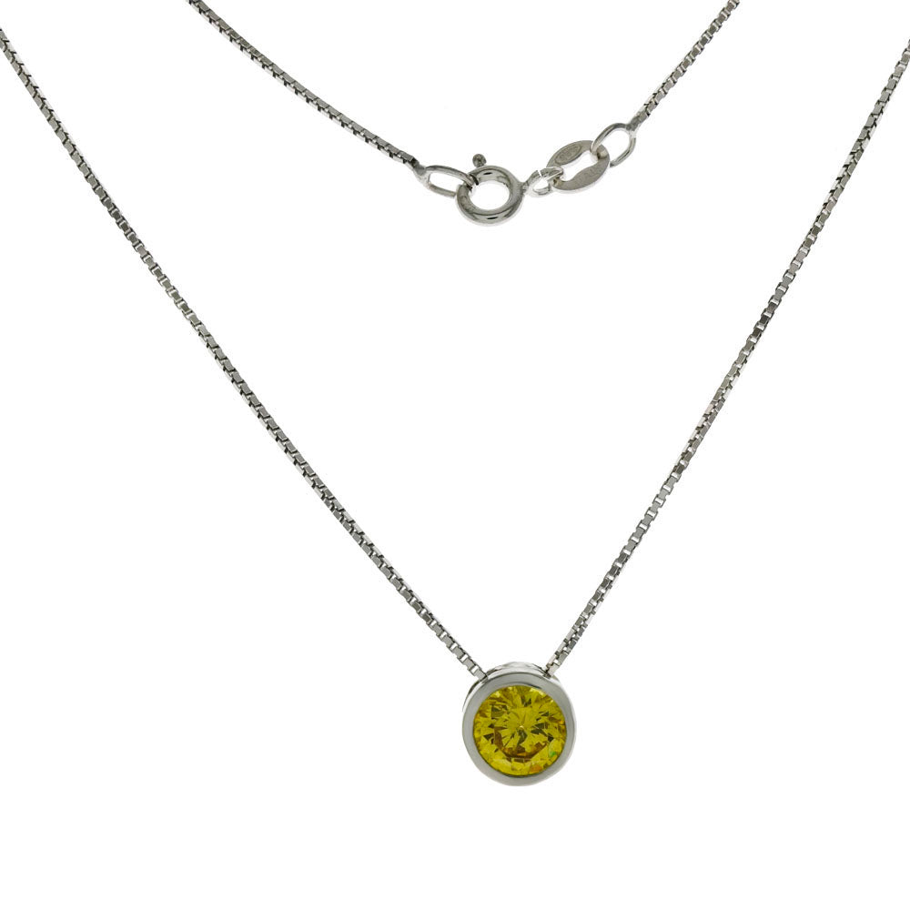 Rhodium Box Chain with 8mm Bezel Set Yellow CZ Necklace