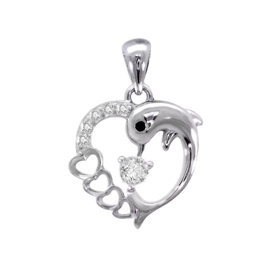 Heart-Dolphin CZ Rhodium Pendant