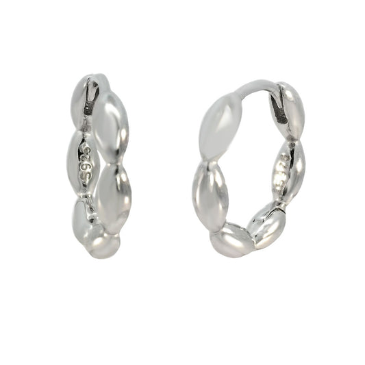 Sterling Silver Rhodium Oval Bead Huggie Hoop Earrings