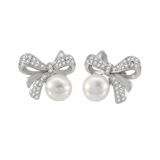 CZ Bow-Freshwater Pearl Sterling Silver Earrings