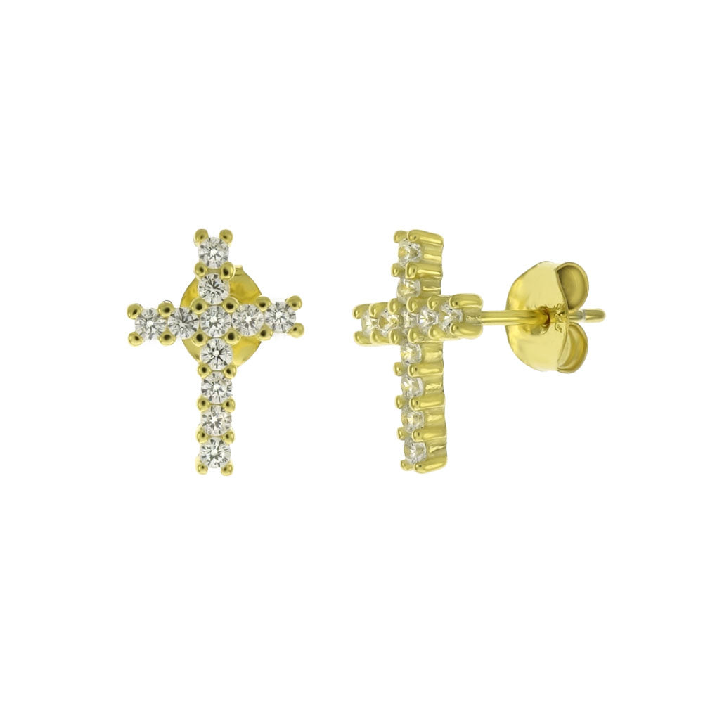 Sterling Silver Cubic Zirconia Gold Plated Cross Earrings Pendant Set