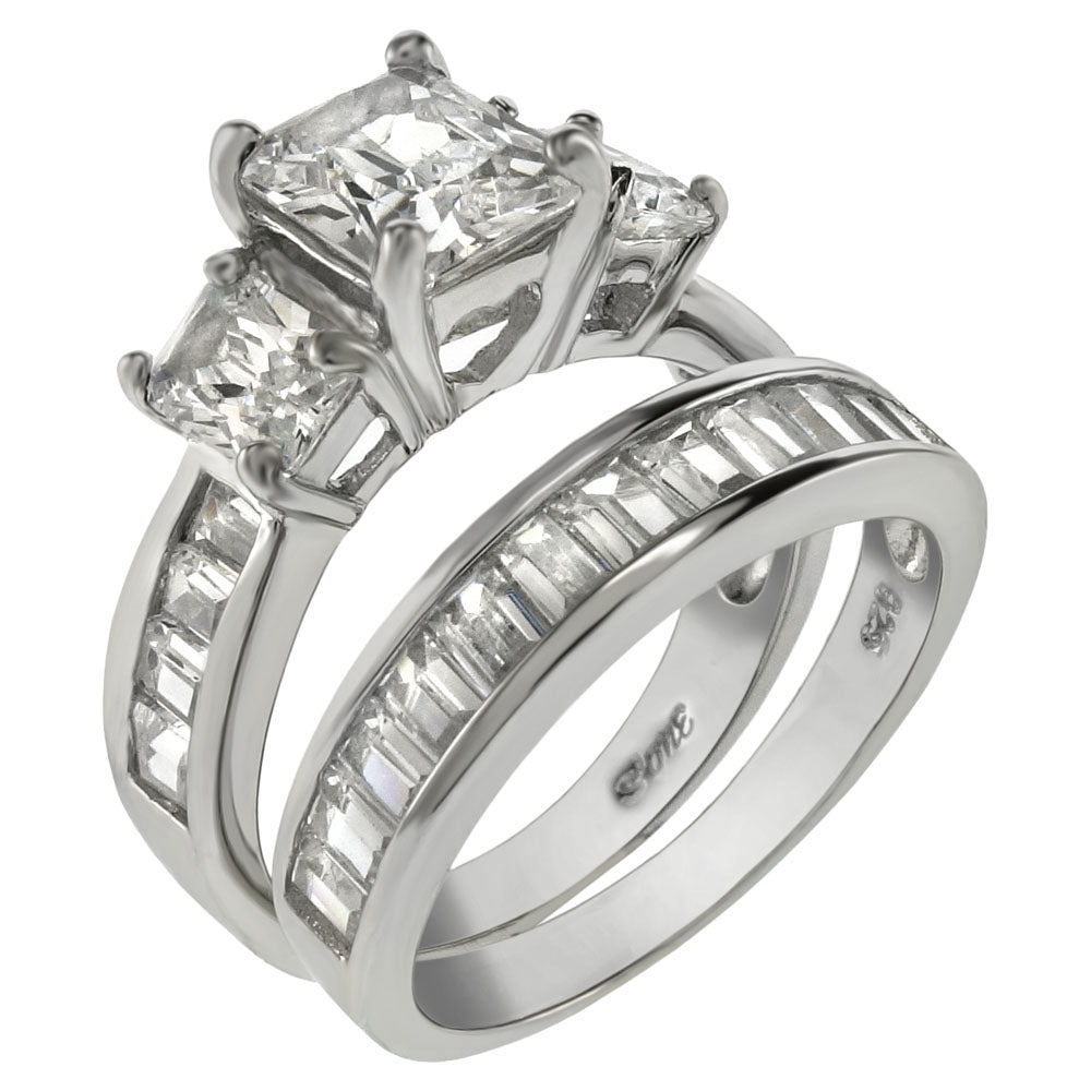 CZ Baguette Rectangle Wedding Ring Set