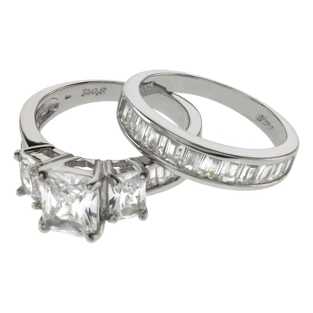 CZ Baguette Rectangle Wedding Ring Set