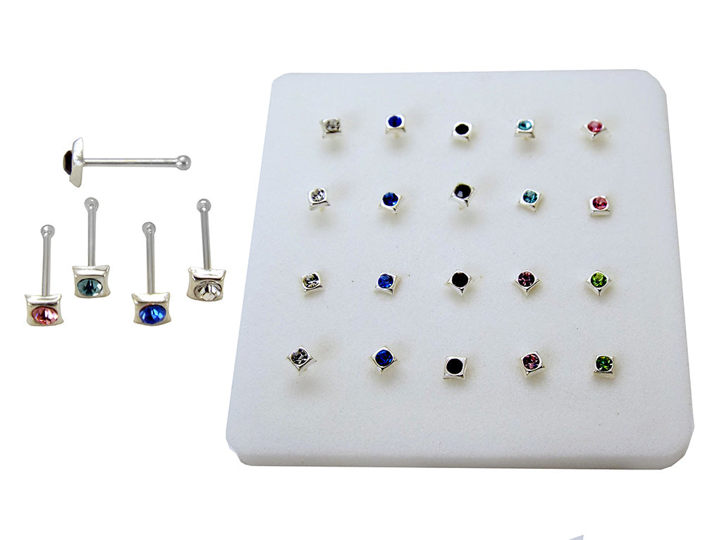 Sterling Silver Assorted Color Square Nose Stud 1 8mm W Ball End