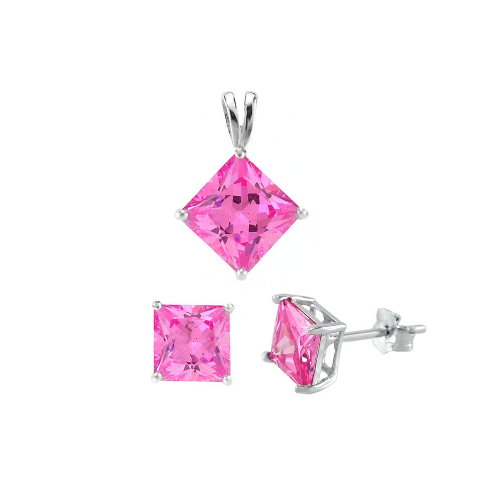 Sterling Silver Pink CZ Princess Earrings Pendant Set