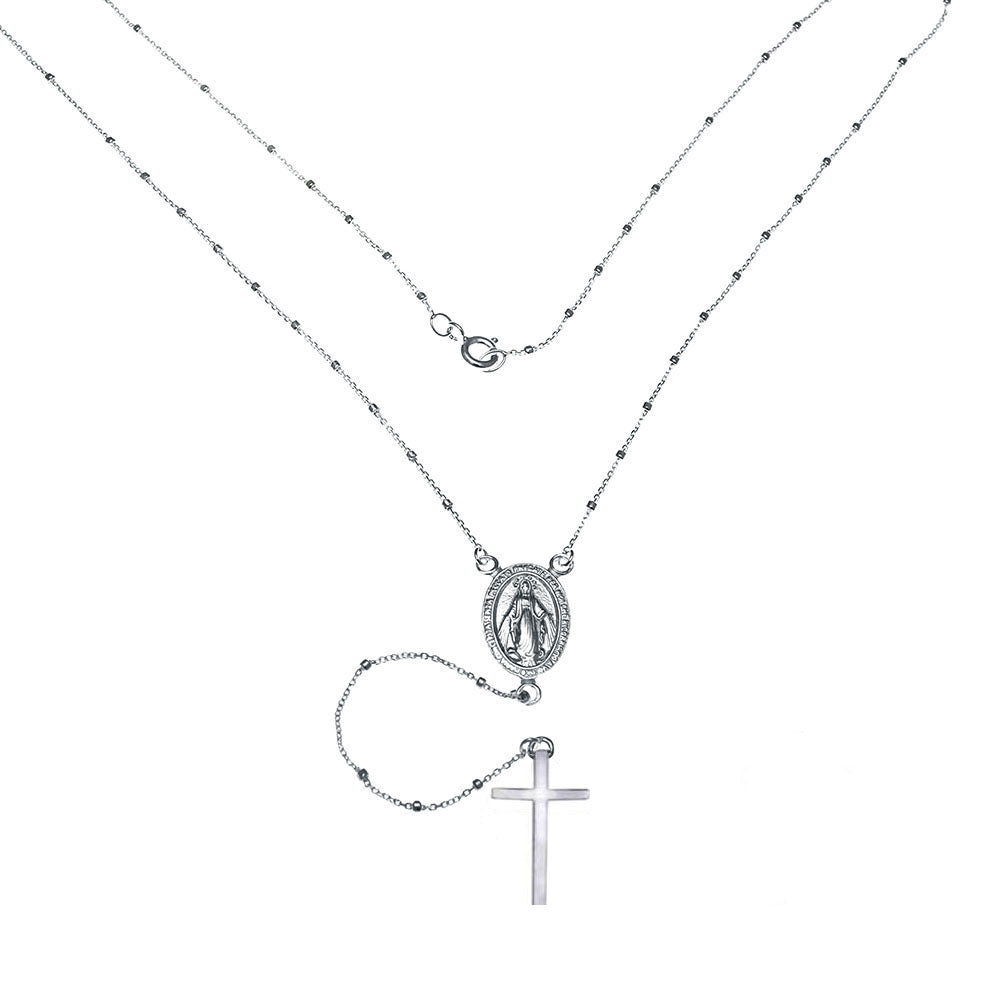 Sterling Silver 1mm D C Rosary Necklace W Plain Cross