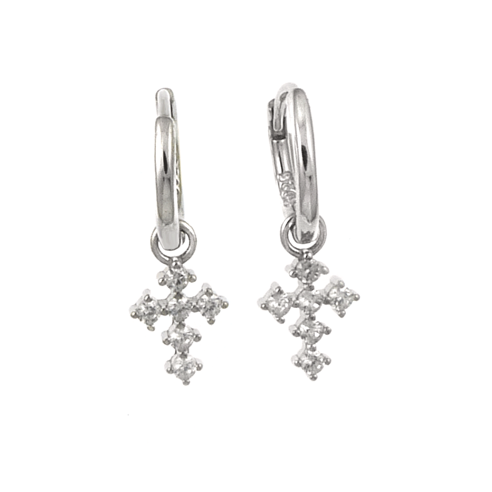 Dangle CZ Cross with Huggie Hoop Rhodium Earrings