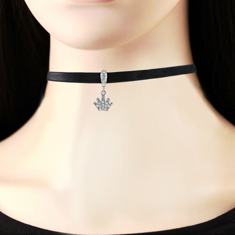 Pave Set Crown Pendant with Leather Choker Necklace