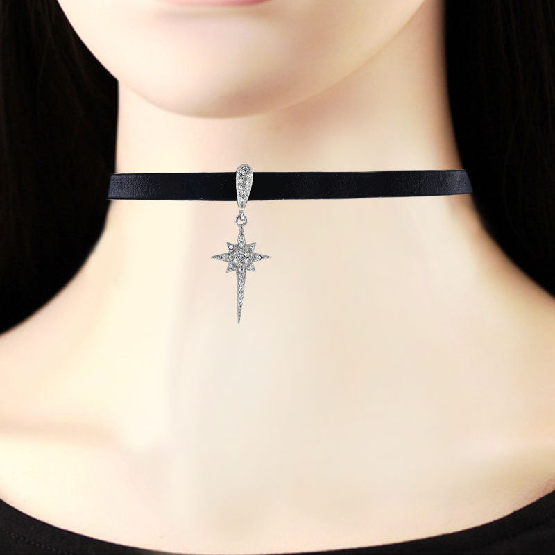 Sterling Silver Pave CZ Black Leather Choker Necklace