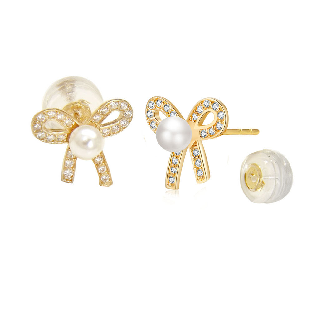 Pave CZ Bow Pearl Stud Earrings in 14K Gold W Silicone Backing