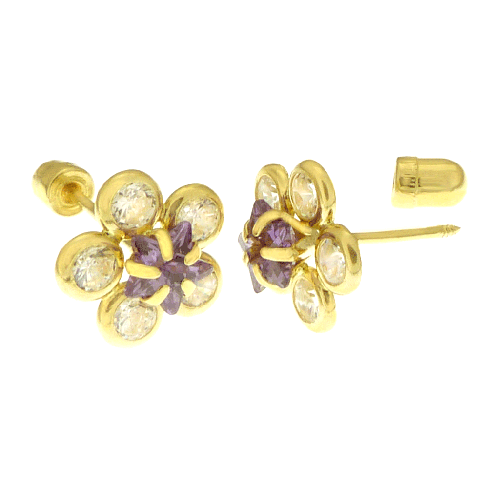 Amethyst CZ Flower 14K Gold Screw Back Stud Earrings