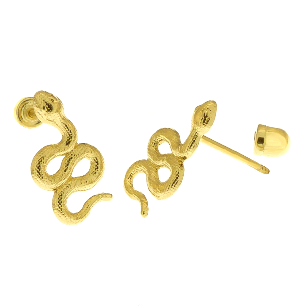 14K Yellow Gold Snake Stud Earrings With Screw Back