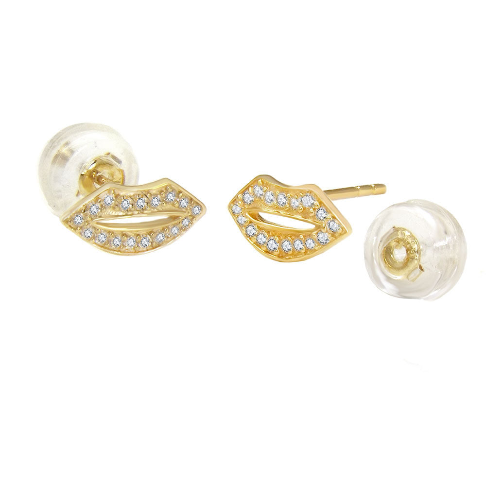 Micro pave CZ Lip Stud Earrings in 14K Gold W Silicone Backing