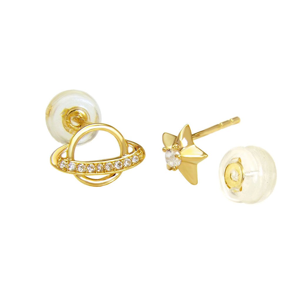 Micro Pave CZ Globe Star 14K Gold Stud Earrings W Silicone Backing