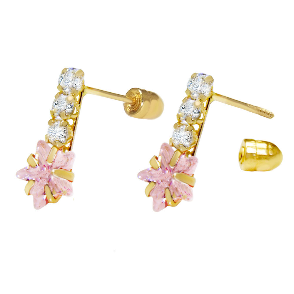 14K Gold 4mm Pink Star CZ Stud Earrings W. Screw Back