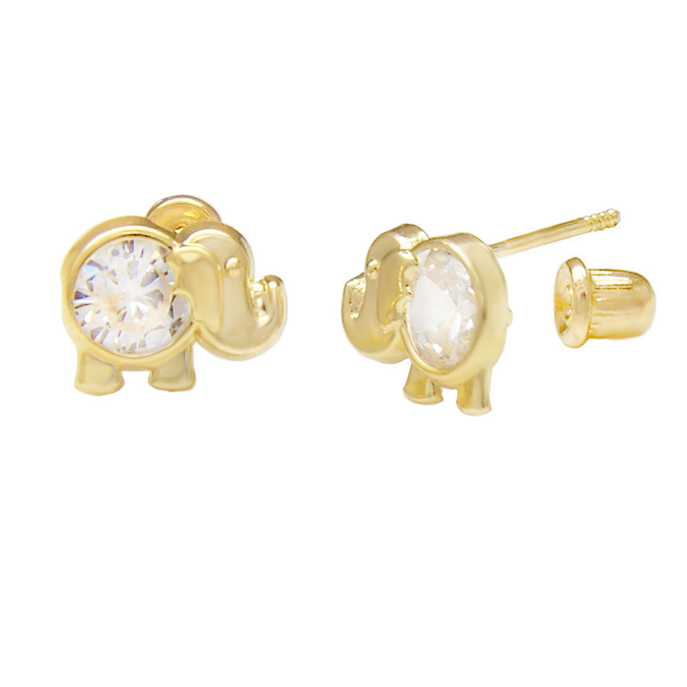 Elephant W Round CZ 14K Yellow Gold W Screw Back Stud Earrings