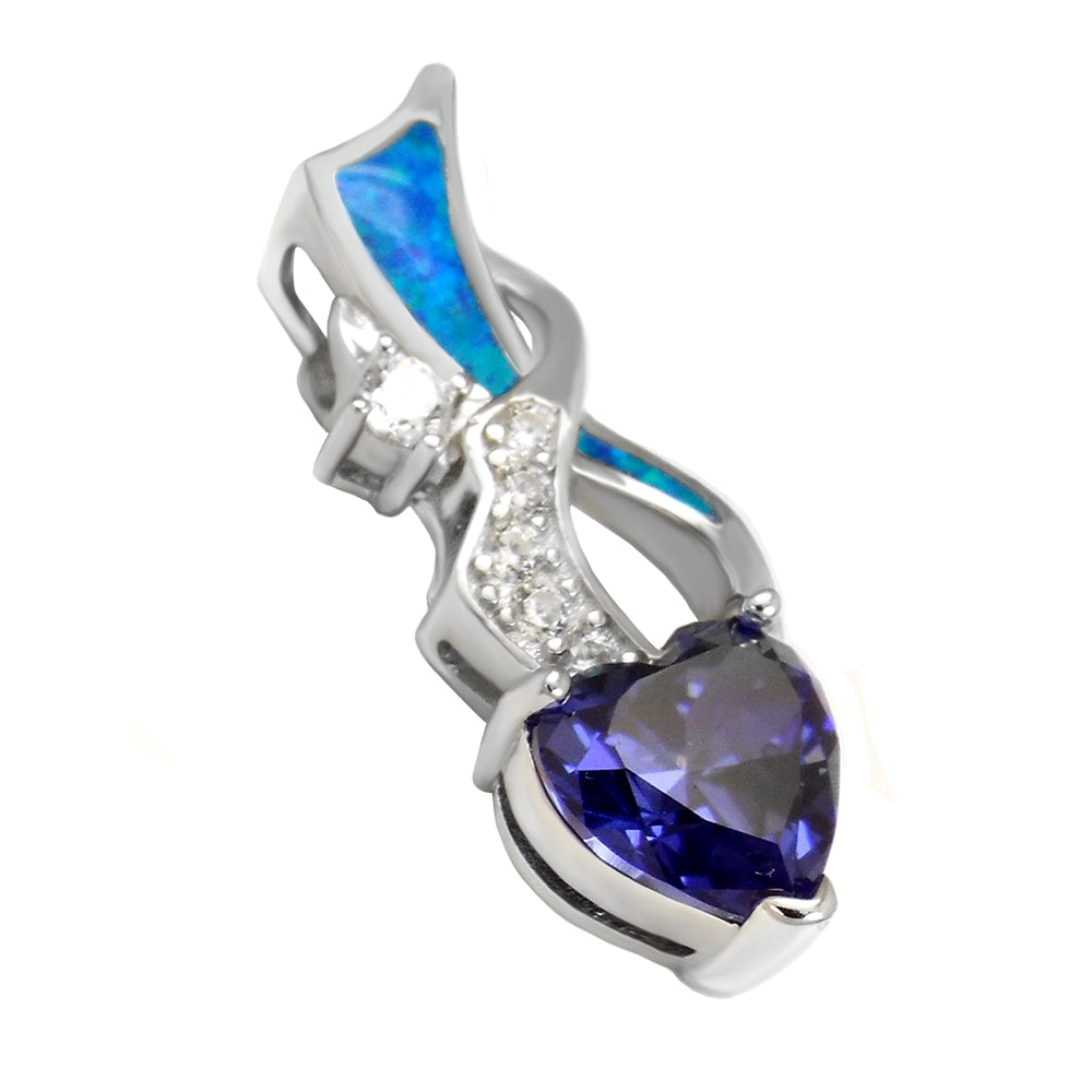 Sterling Silver Simulated Blue Opal W Tanzanite Heart Pendant