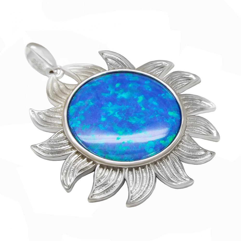 Sterling Silver Simulated Blue Opal Sun Pendant