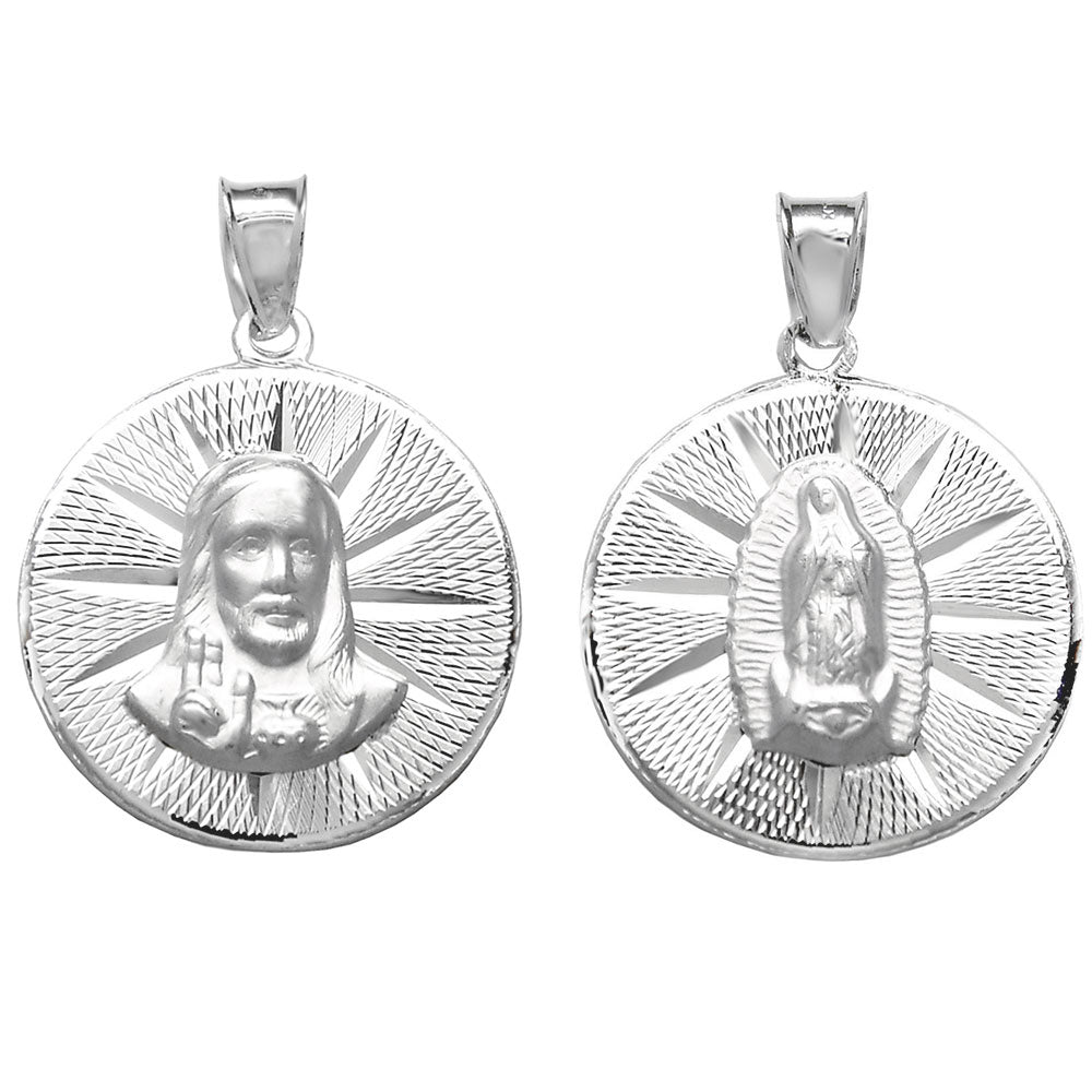 Sterling Silver Sacred Heart Lady of Guadalupe Double Side Medal Pendant