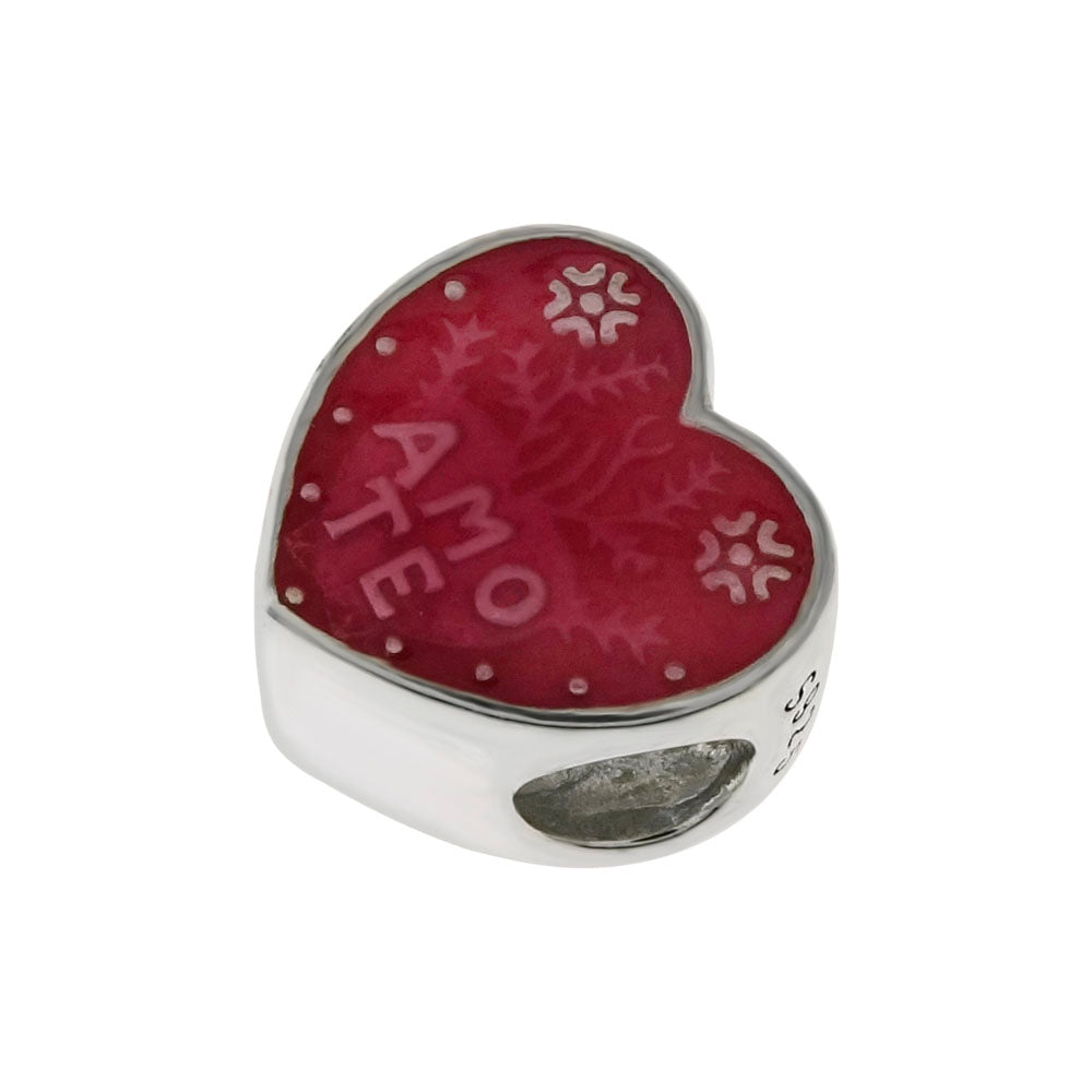 Sterling Silver AMO TE Red Enamel Heart Bead Charm Pendant
