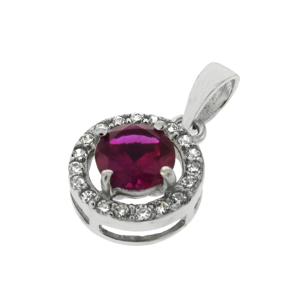 Sterling Silver Halo Simulated Ruby CZ Solitaire Pendant