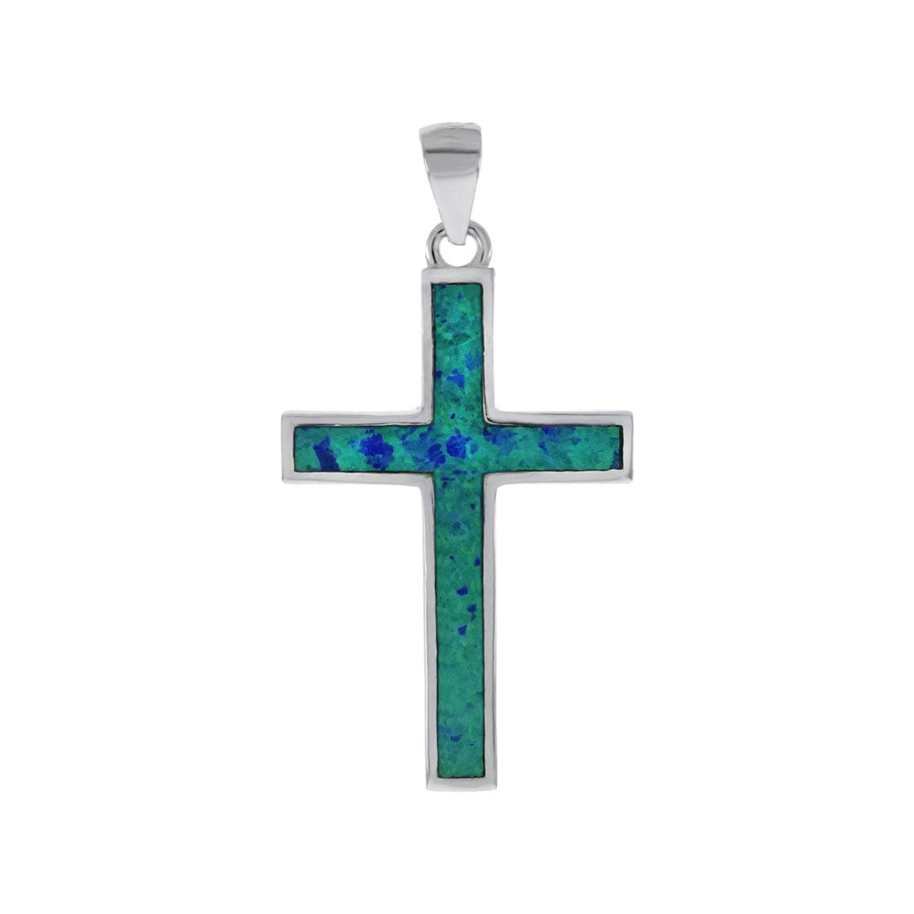 Sterling Silver Simulated Blue Opal Cross Pendant