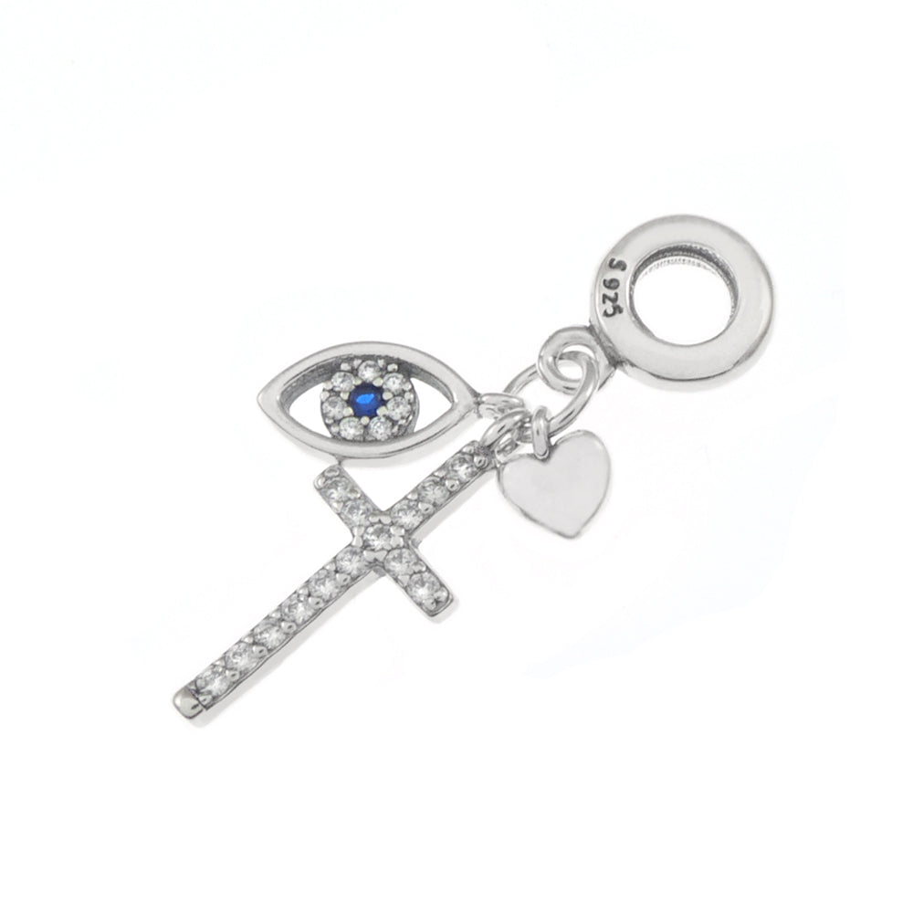 CZ Cross Evil Eye Heart Rhodium Charm Pendant