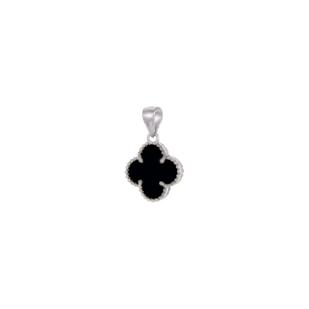 Black Onyx Clover Sterling Silver Rhodium Pendant