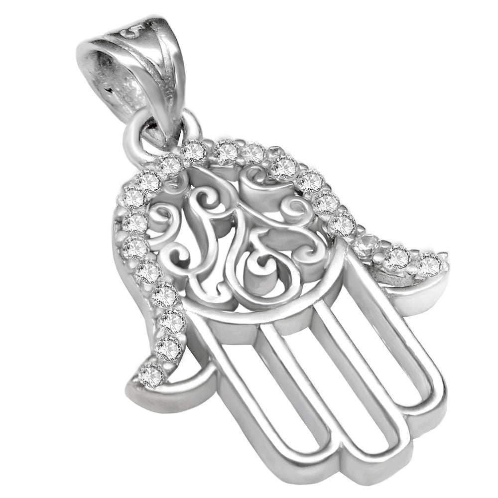 Sterling Silver Hamsa Hand CZ Rhodium Pendant