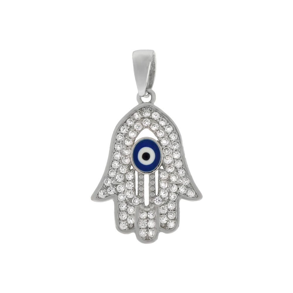 Sterling Silver Hamsa Evil Eye Pave CZ Pendant