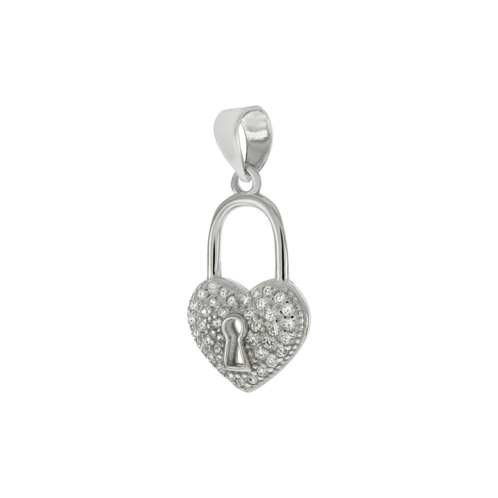 Micro Pave Cubic Zirconia Heart Lock Sterling Silver Pendant