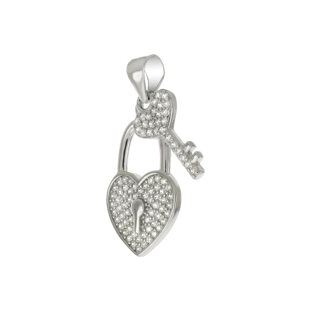 Pave Cubic Zirconia Key W Heart Lock Sterling Silver Pendant