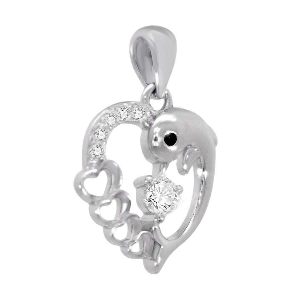 Heart-Dolphin CZ Rhodium Pendant