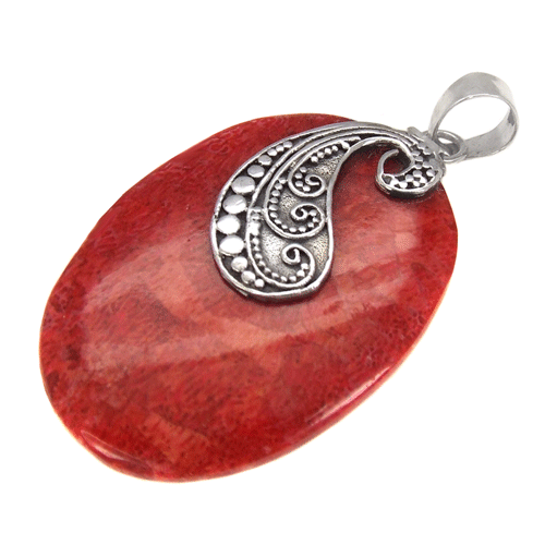 Sterling Silver Oval Red Coral Pendant