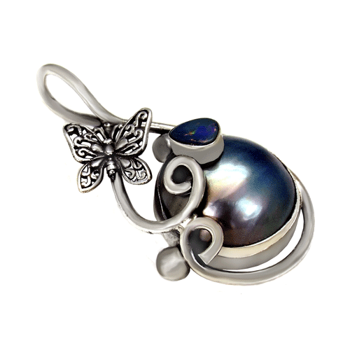 Sterling Silver Gray Mabe Pearl W Genuine Opal Butterfly Pendant