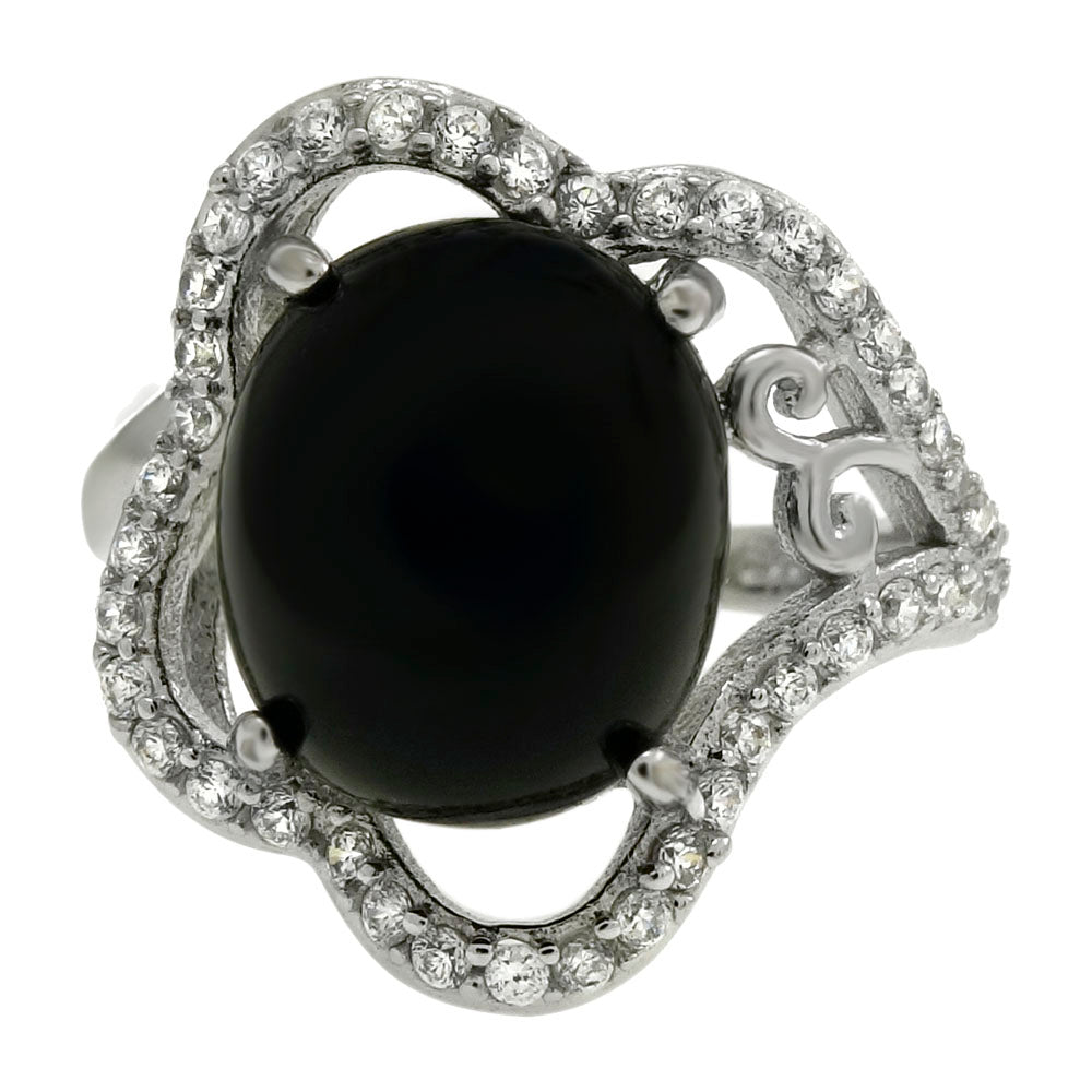 Sterling Silver 10x14 mm Black Onyx Clear CZ Ring