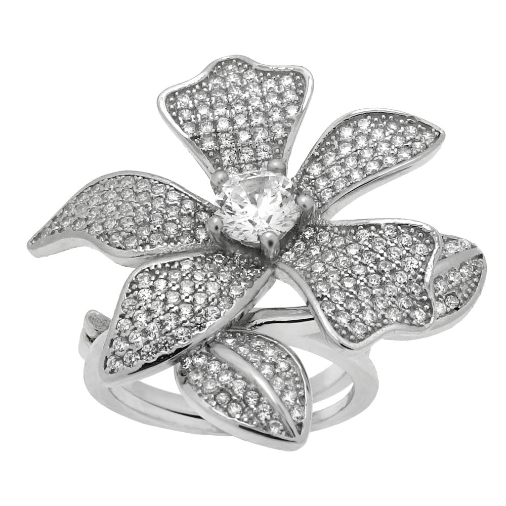 Sterling Silver Pave CZ Flower Two Fingers Ring