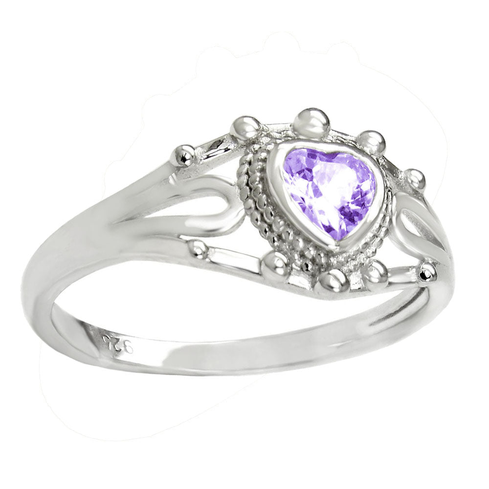 Amethyst CZ Heart Sterling Silver Rhodium Ring