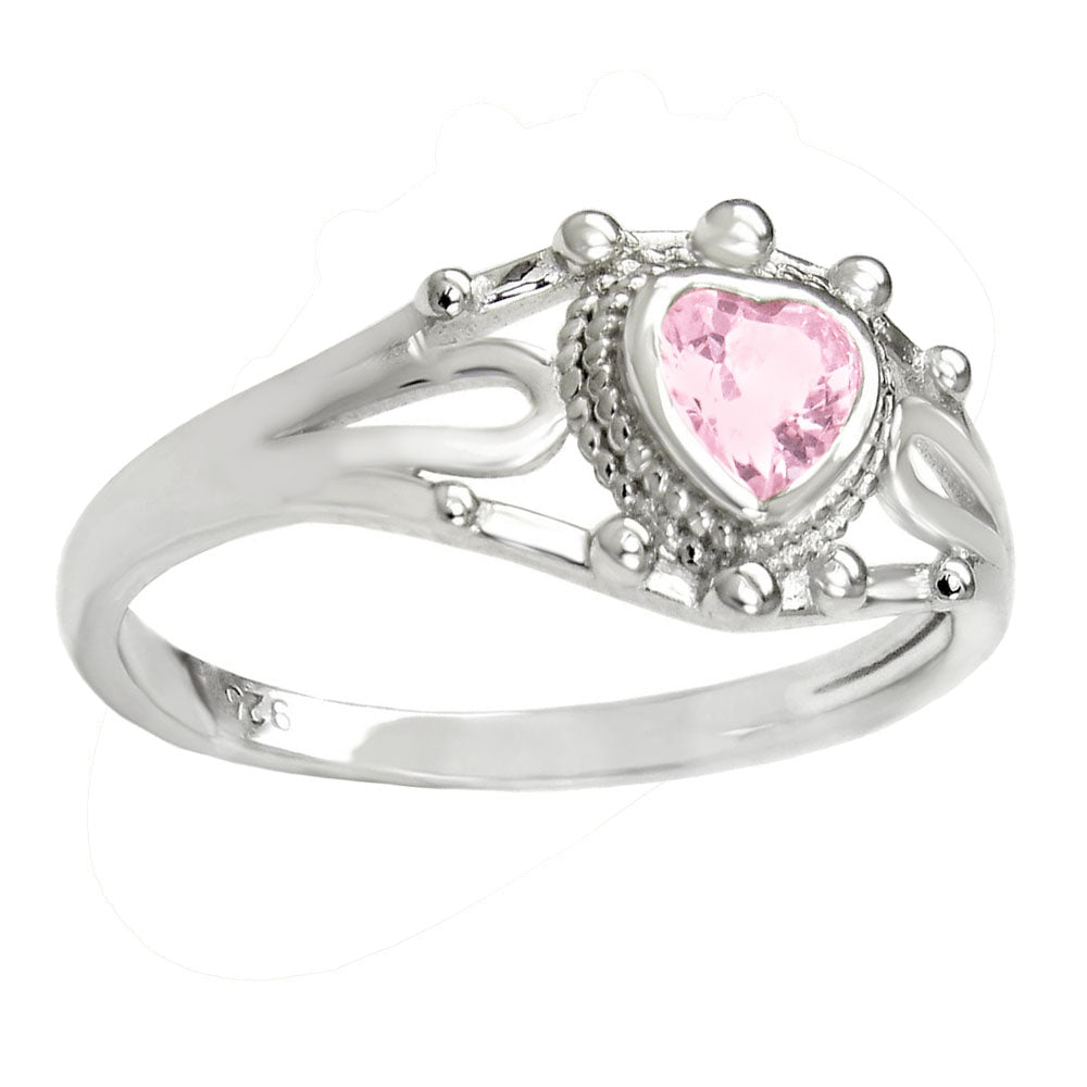 Sterling Silver Pink CZ Heart Rhodium Ring