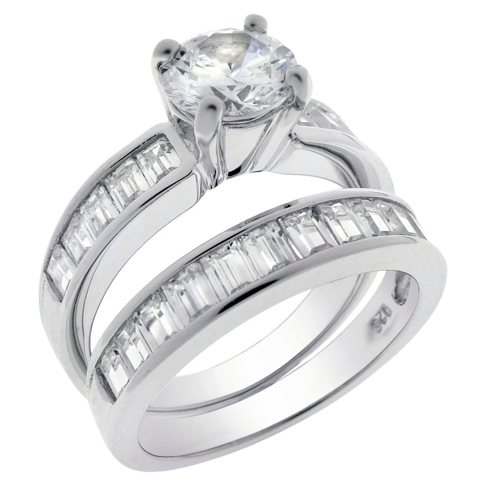 7mm Round Baguette CZ Band Sterling Silver Bridal Ring Set