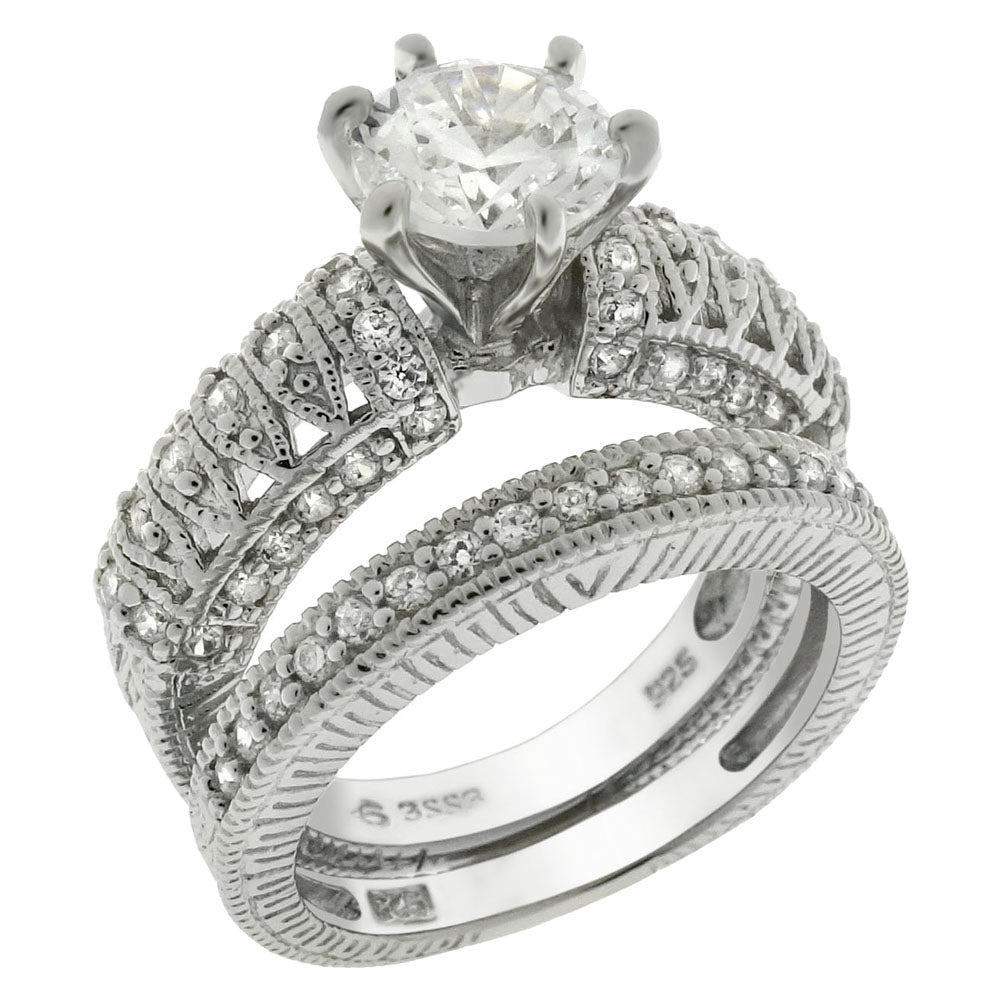 Sterling Silver Cubic Zirconia Vintage Wedding Ring Set