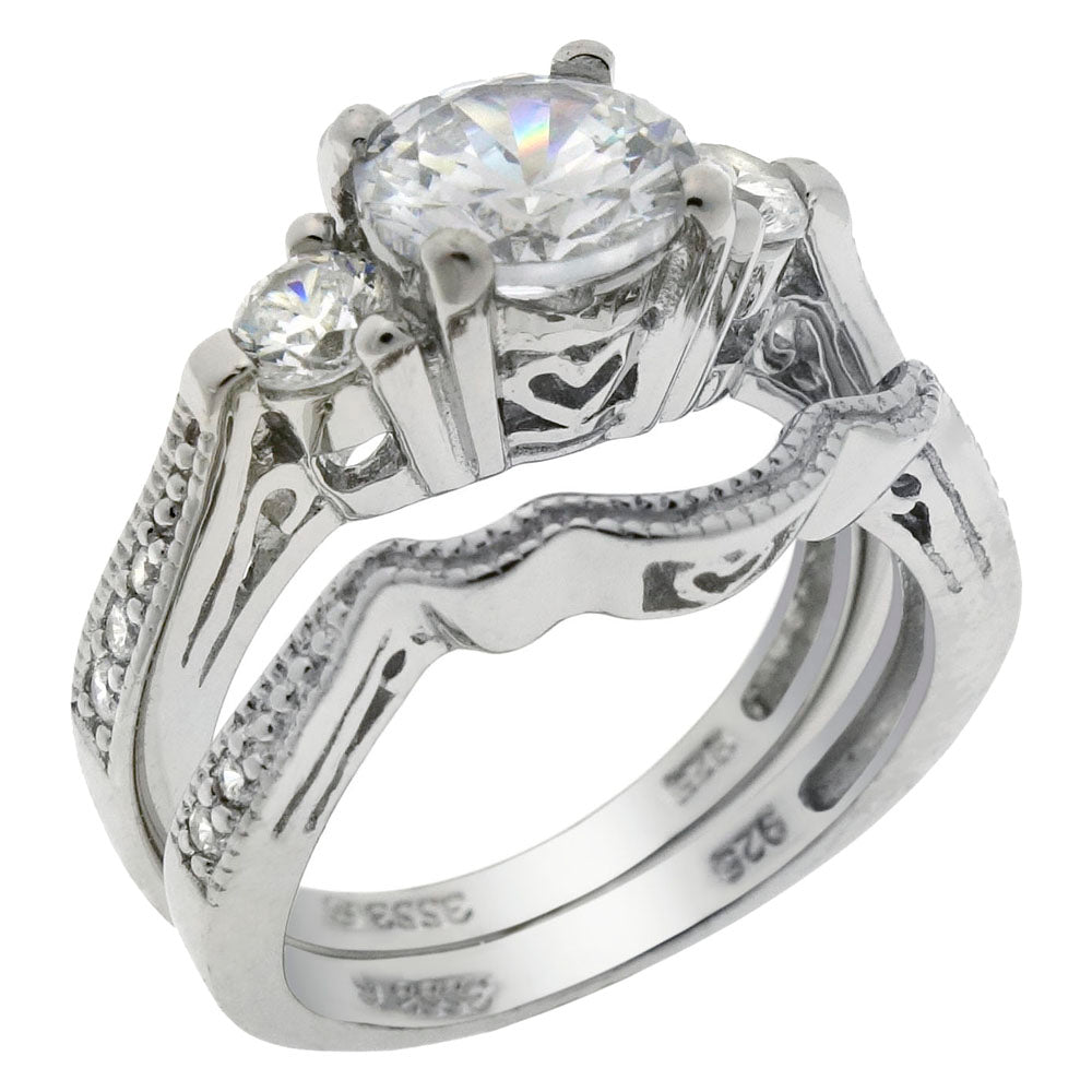 Sterling Silver 7mm Round Center CZ Wedding Ring Set