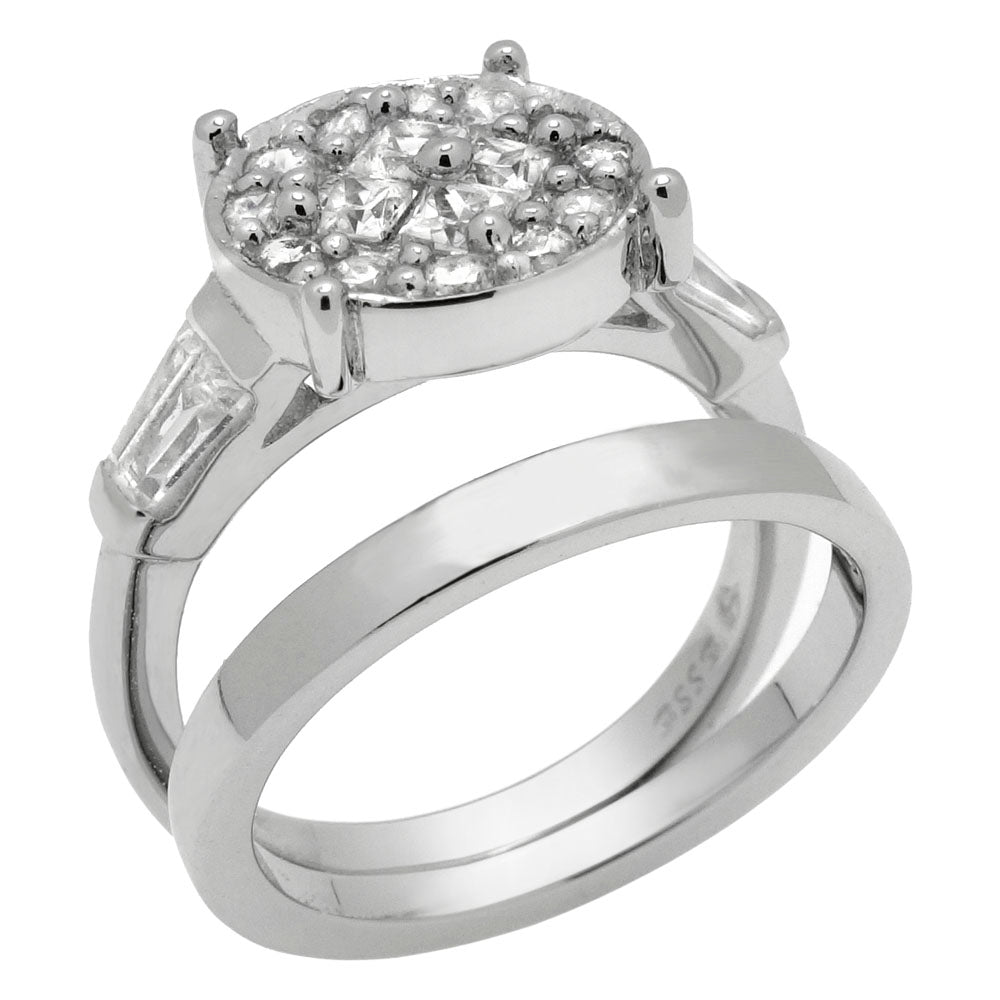 Sterling Silver Princess Round Trapezoid CZ 2 Rings Set