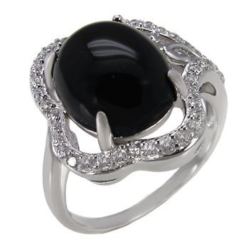 Sterling Silver 10x14 mm Black Onyx Clear CZ Ring