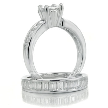 7mm Round Baguette CZ Band Sterling Silver Bridal Ring Set