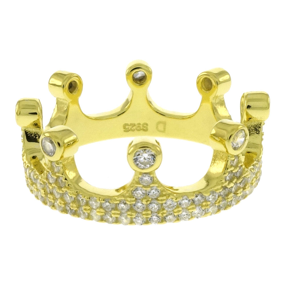 Micro Pave CZ Crown Ring Sterling Silver Gold Plated