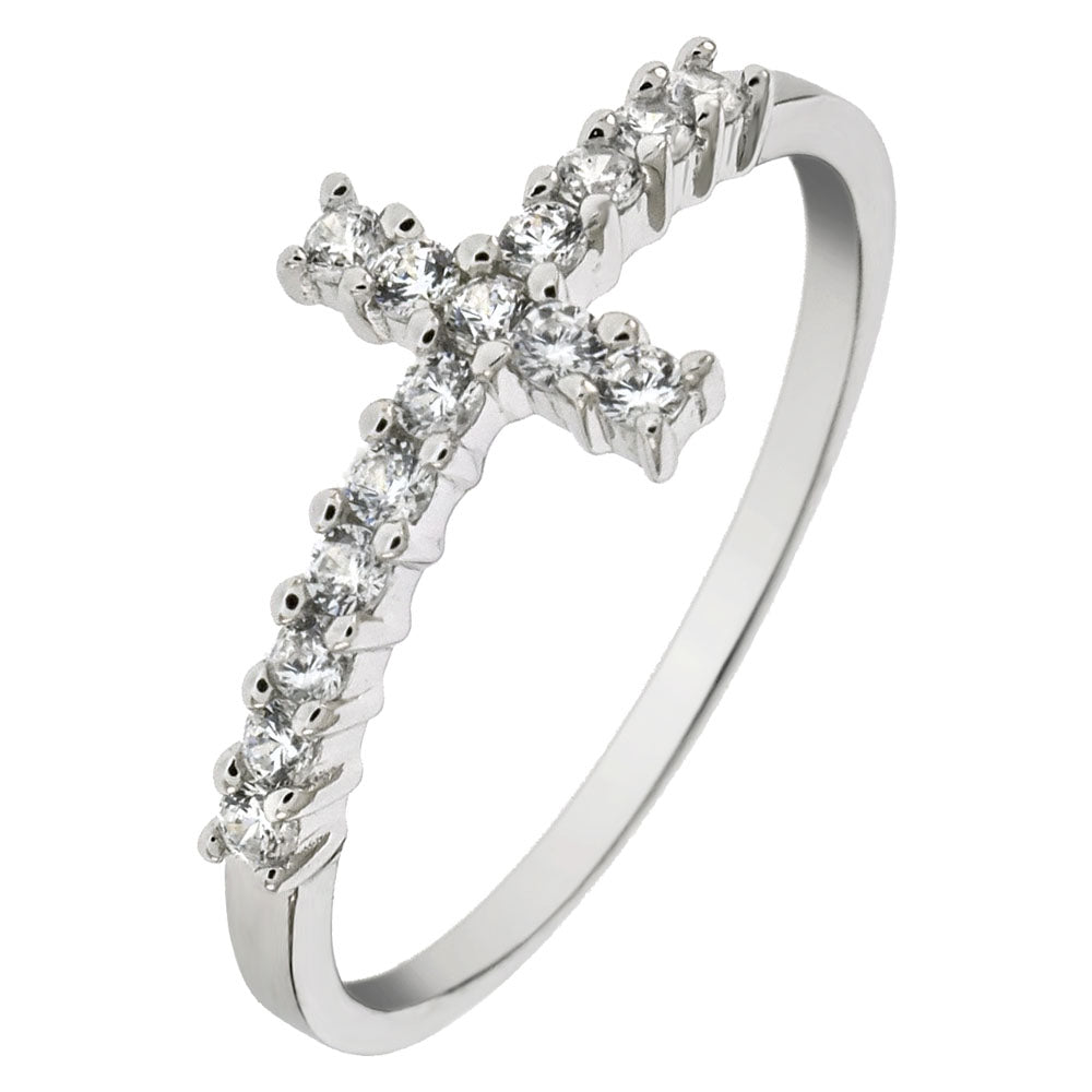 Sterling Silver Sideways Cross Cubic Zirconia Ring